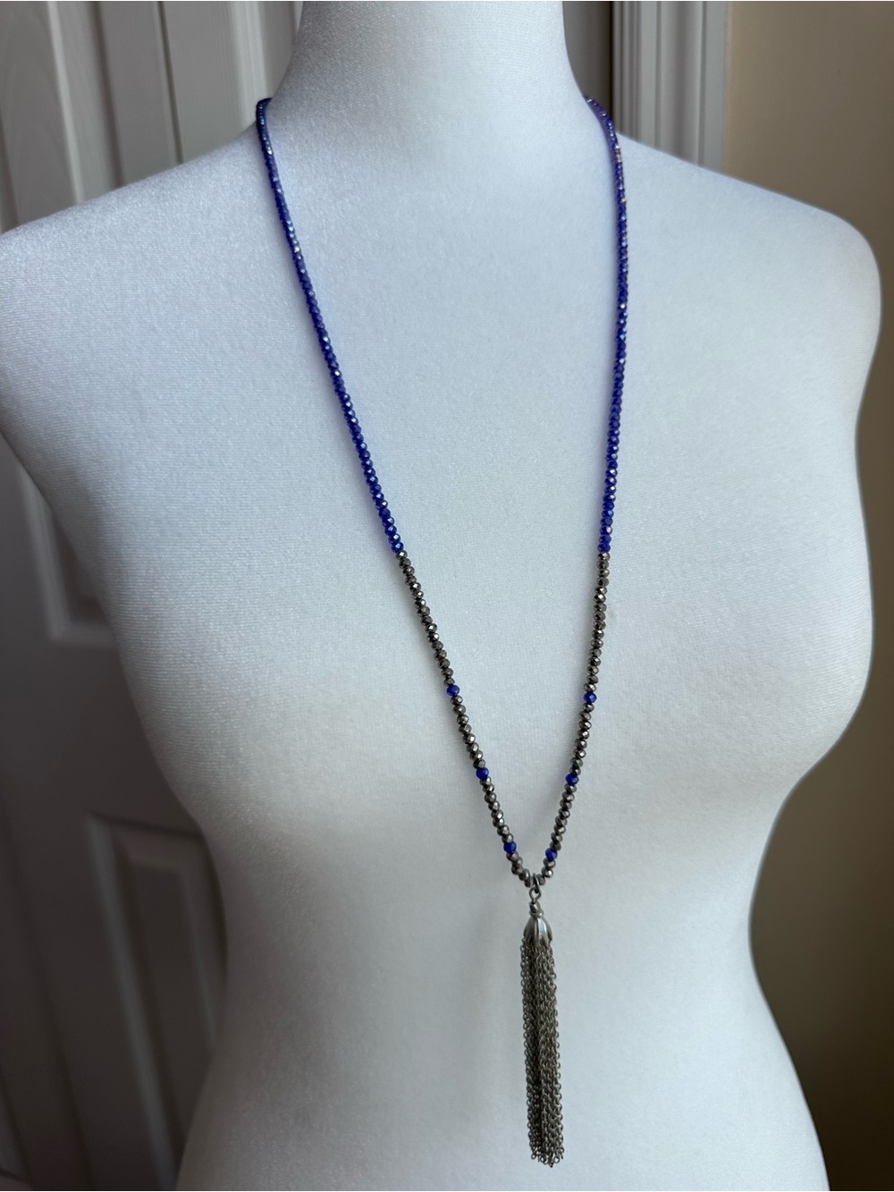 dressbarn Blue and Silver Beaded Necklace with Silver Tassel